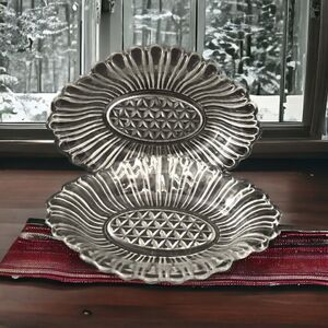 2 Anchor Hocking Loop Diamond Glass Pickle Dish‎ 5061 Bowl Set Clear Vintage MCM